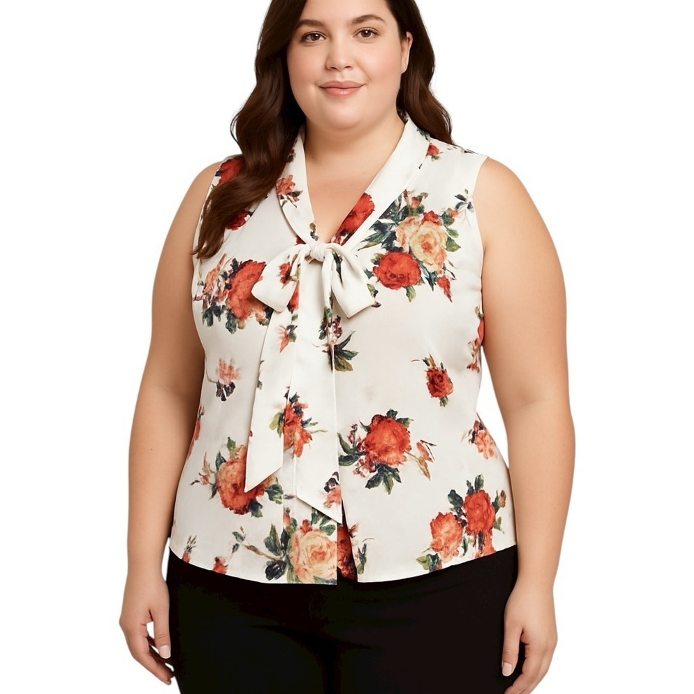 Tahari Arthur S. Levine 1X Floral Sleeveless Tie Neck Blouse